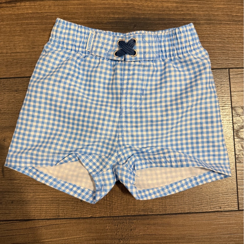 Blue Gingham Kids Swim Trunks